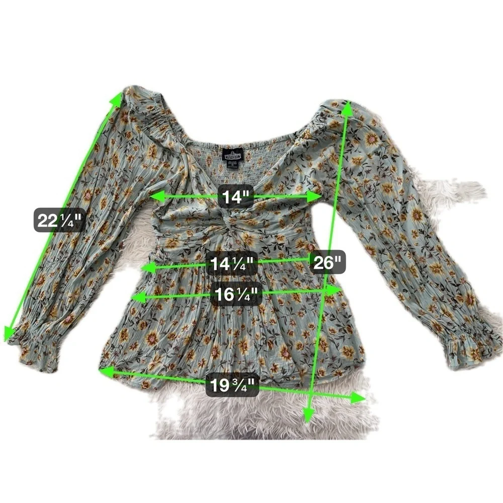 Angie Floral Sage Green Babydoll Long Sleeve Boho Smocked Peplum Top Size Small - Picture 14 of 16